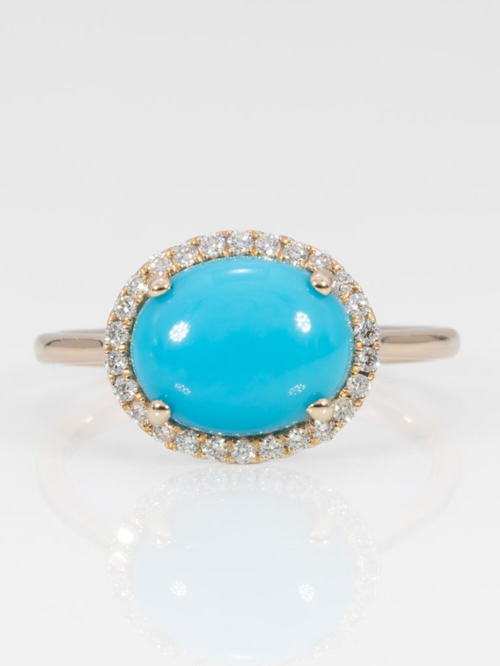 Natural Sleeping Beauty Turquoise and Diamond Halo Ring in Solid 14K Yellow Gold